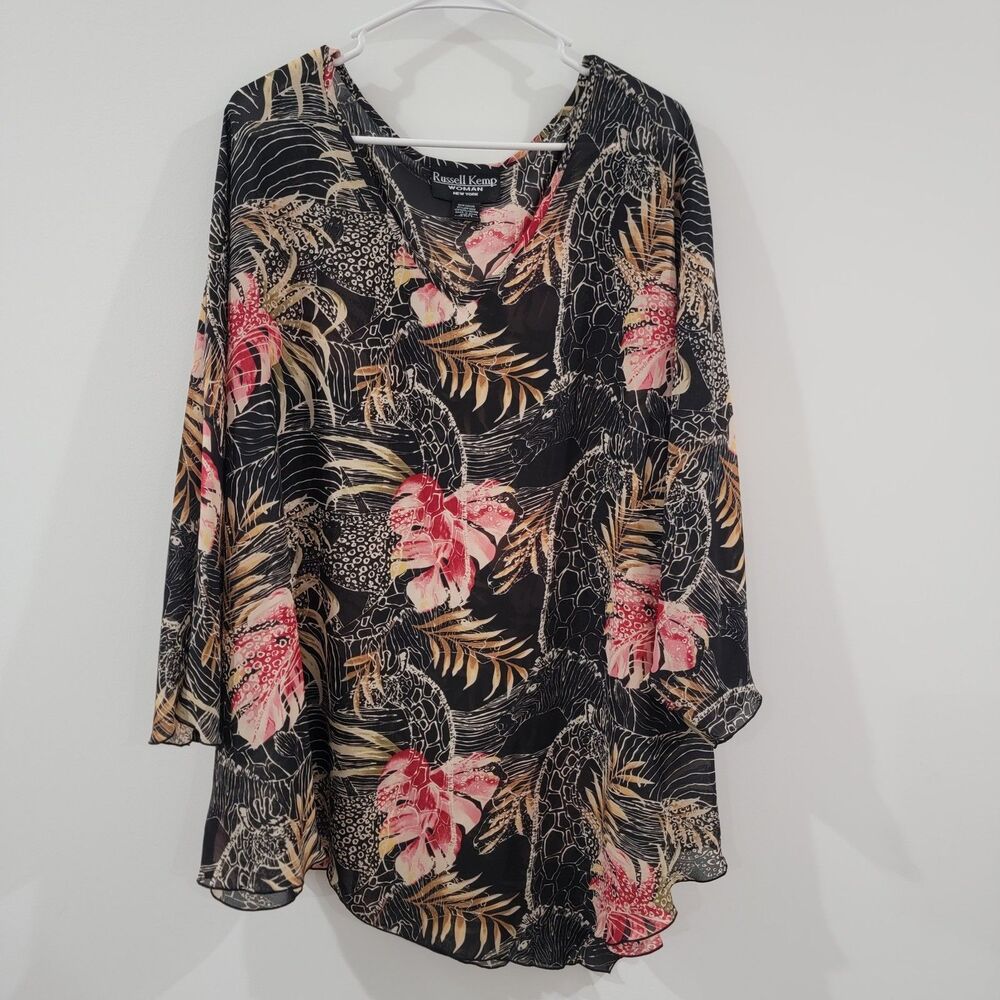 Vintage Russell Kemp Womens Top Size 3X Floral Semisheer‎ Animals Vacation